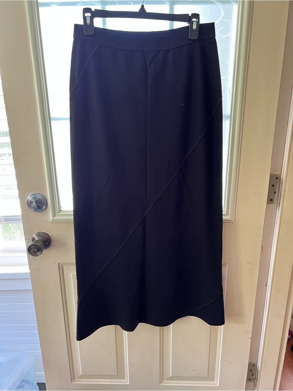 Eileen Fisher sz S black cotton knit maxi skirt body shaping line elastic waist.